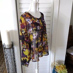 Nwt Newport News semi sheer floral button-down womens‎ long sleeve blouse XXL